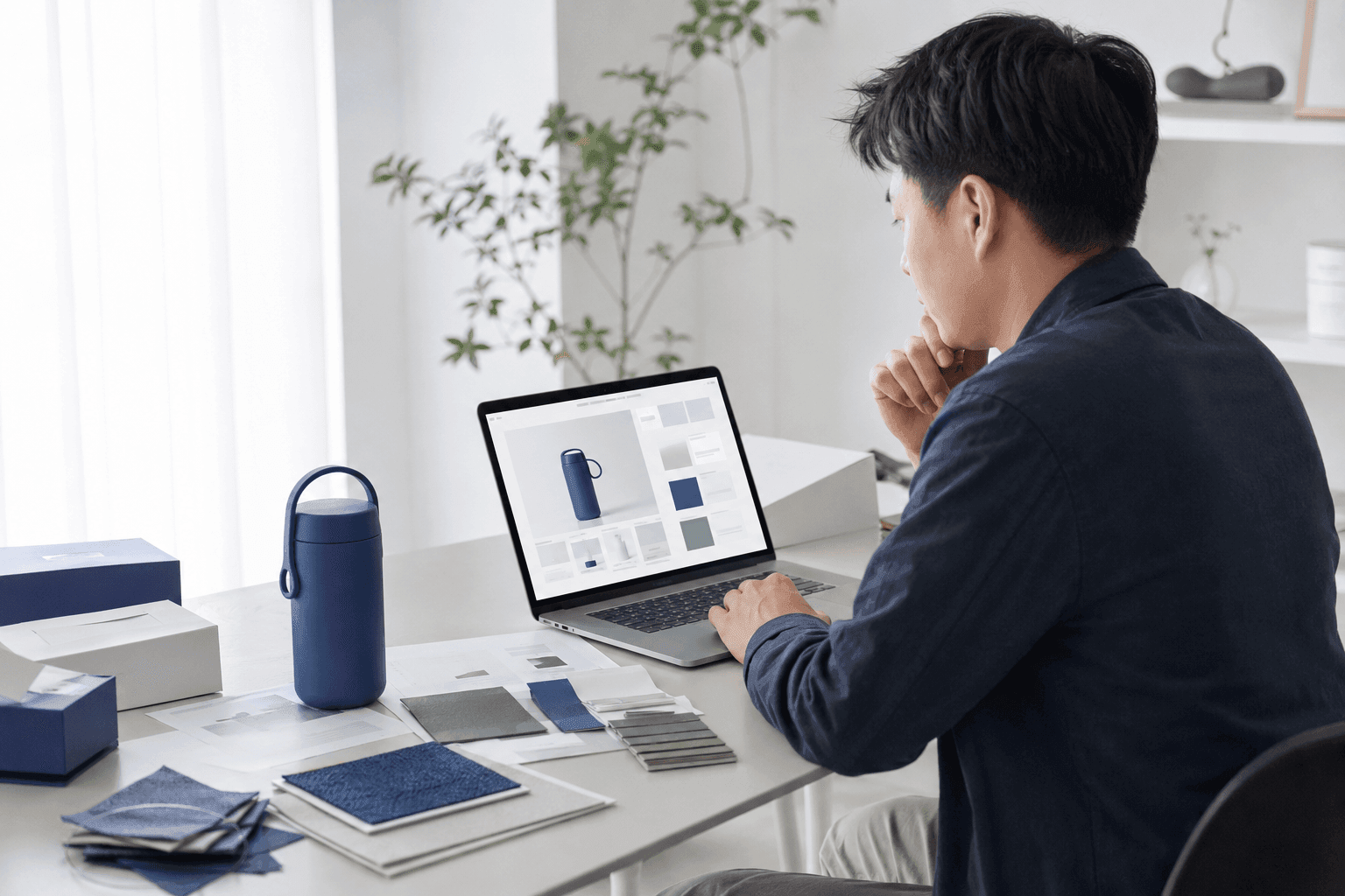 DTC 品牌运营人员在工作室审阅 Shopify 商品页与实物产品