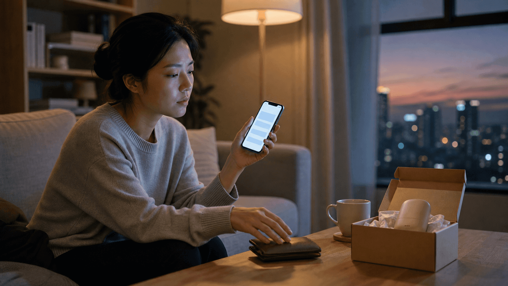 消费者在家中查看手机结账页面并停在钱包前思考