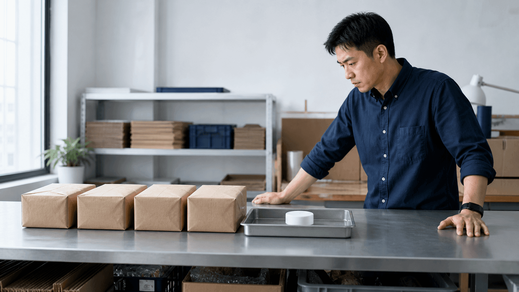 仓库打包台上一件商品面对多个待发货包裹