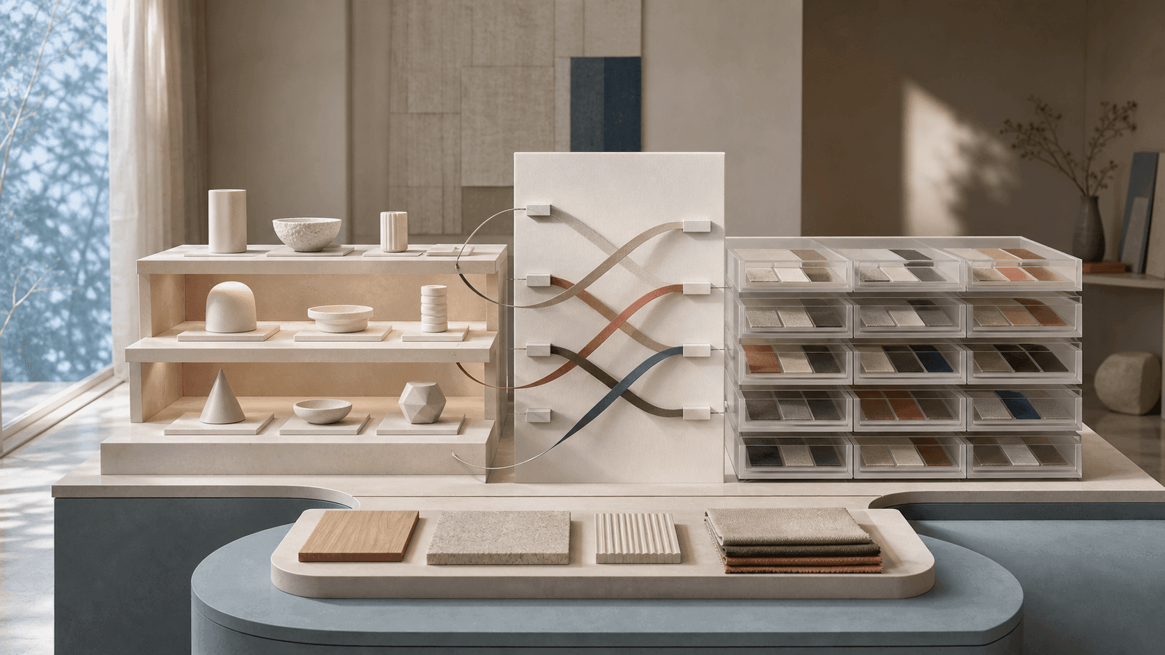 设计工作室内由商品样本、集合架、筛选抽屉与索引带组成的 Shopify 商品发现艺术装置